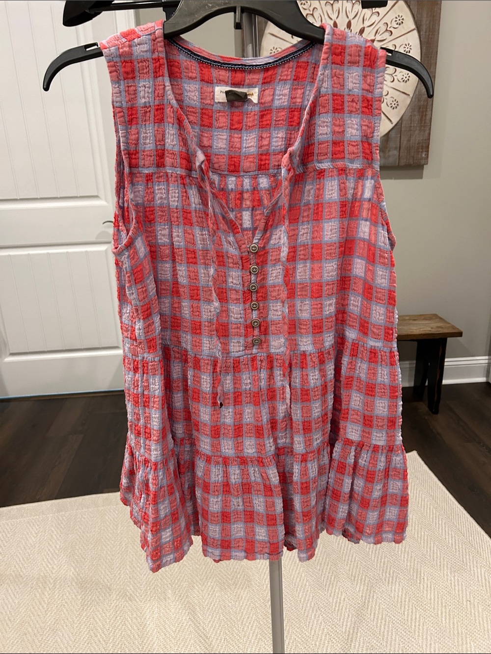Pilcro Red and Lavender Checked Sleeveless Ruffle-Hem Tunic